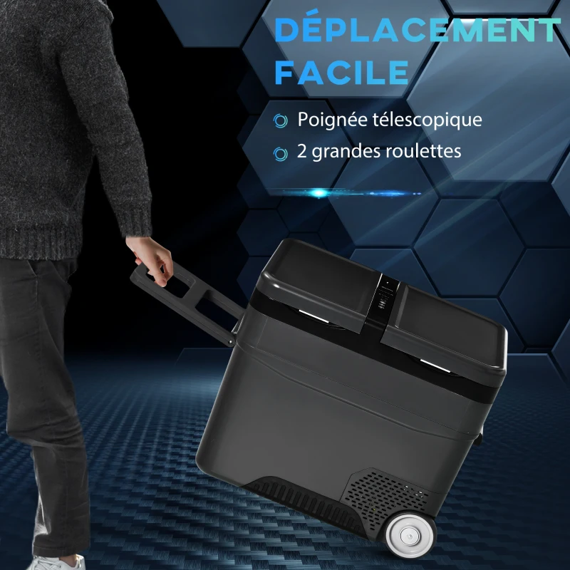 Outsunny Glacière élétrique portable congélateur et réfrigérateur avec 2 zones - contenance 45 L avec roues, poignée télescopique, 12/24 V DC et 110-240 V AC