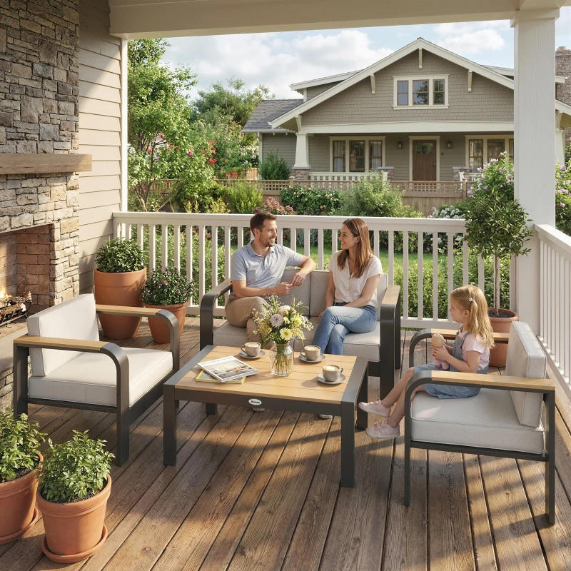 Outsunny Tuinmeubelset aluminium zitgroep voor 4 personen waterafstotend extra diep met 2-zitsbank, 2 fauteuils en bijzettafel