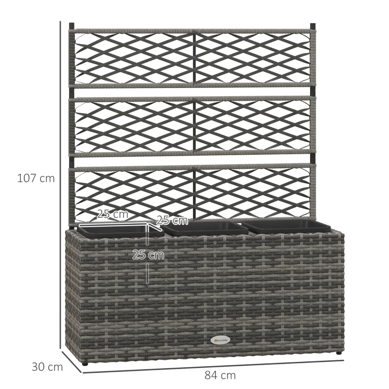 Outsunny Fioriera con Grigliato per Rampicanti con 3 Vasi in Acciaio e Rattan PE, 84x30x107cm, Grigio