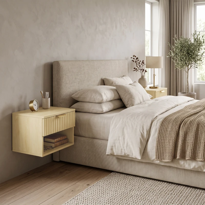 HOMCOM Floating Nightstands Set of 2, Modern Wall-Mounted Bedside Tables with Fluted Drawer and Open Shelf for Bedroom, Oak