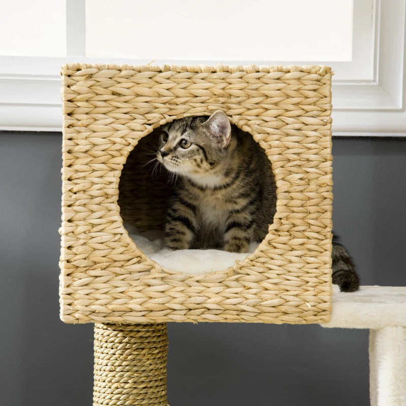 PawHut Krabpaal met Kattenhuis, Sisal Krabpalen, Wasbare Kussens, 100,5H x 57L x 37B cm, Wit/Natuur