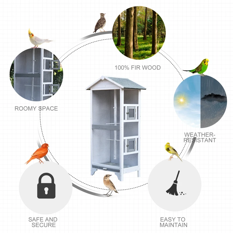 PawHut Wooden Outdoor Aviary Bird Cage w/ Stand for Finches Canaries, Large Play Cage Removable Bottom Tray