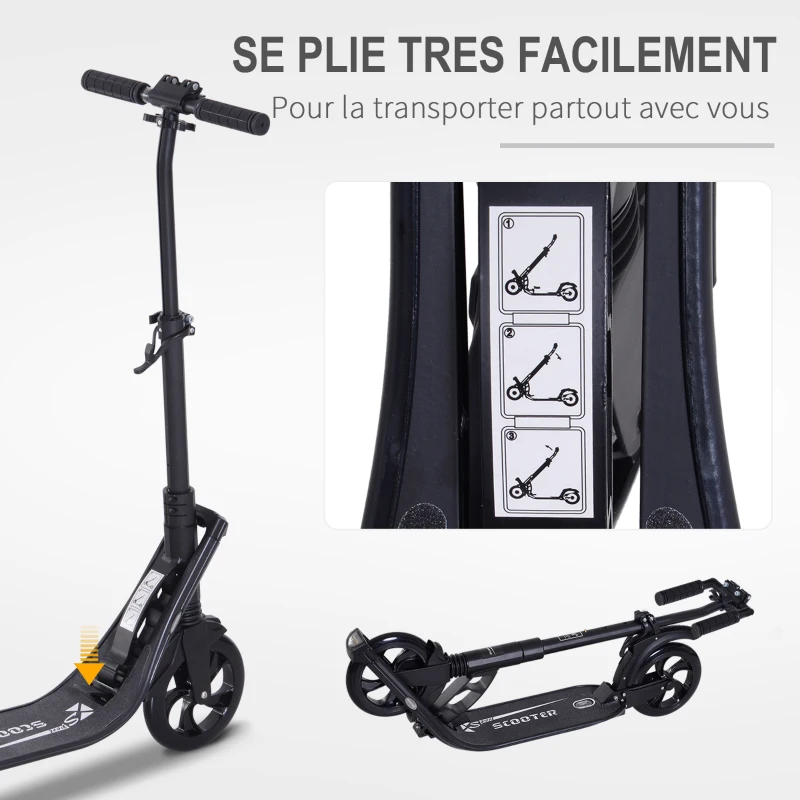 HOMCOM Trottinette pliable pour adultes adolescents à partir 14 ans hauteur guidon réglable double système d'absorption des chocs roues PU alu dim. 94 x 38 x 95-105 cm noir