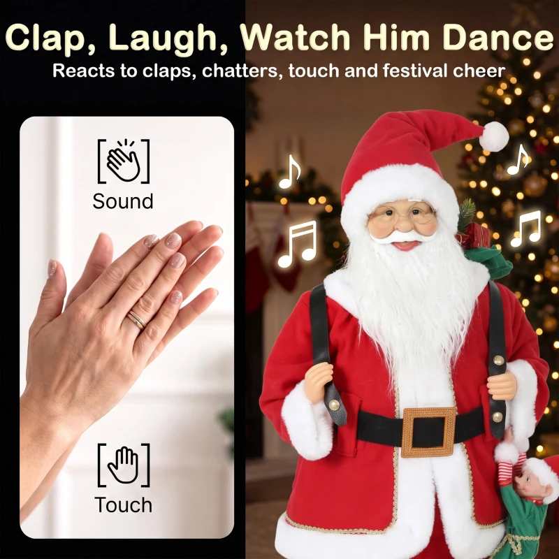 HOMCOM 4ft Singing Dancing Santa Claus, Standing Christmas Animated Santa Figure with Sack, Hanging Elf, Sound/Touch Activated