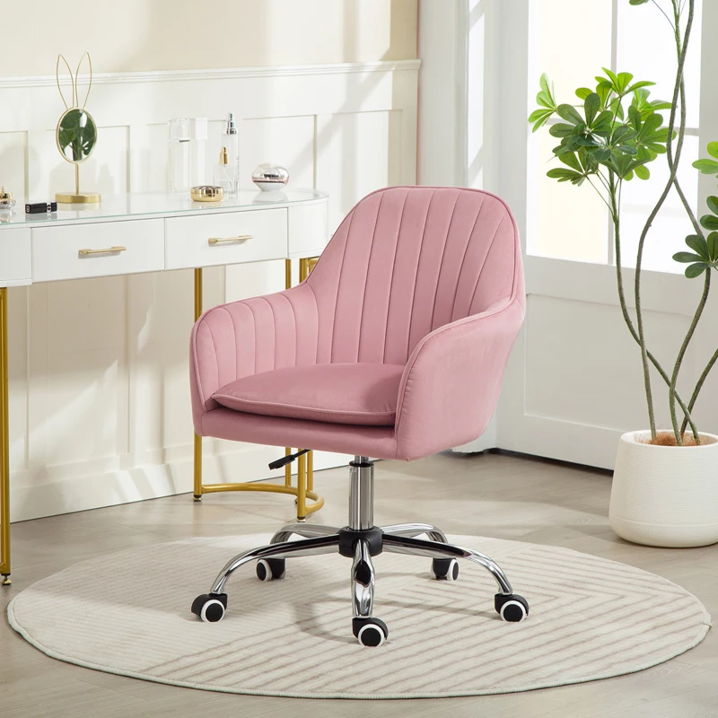 HOMCOM Velvet-Feel Tub Office Chair, with Seat Cushion - Dark Pink