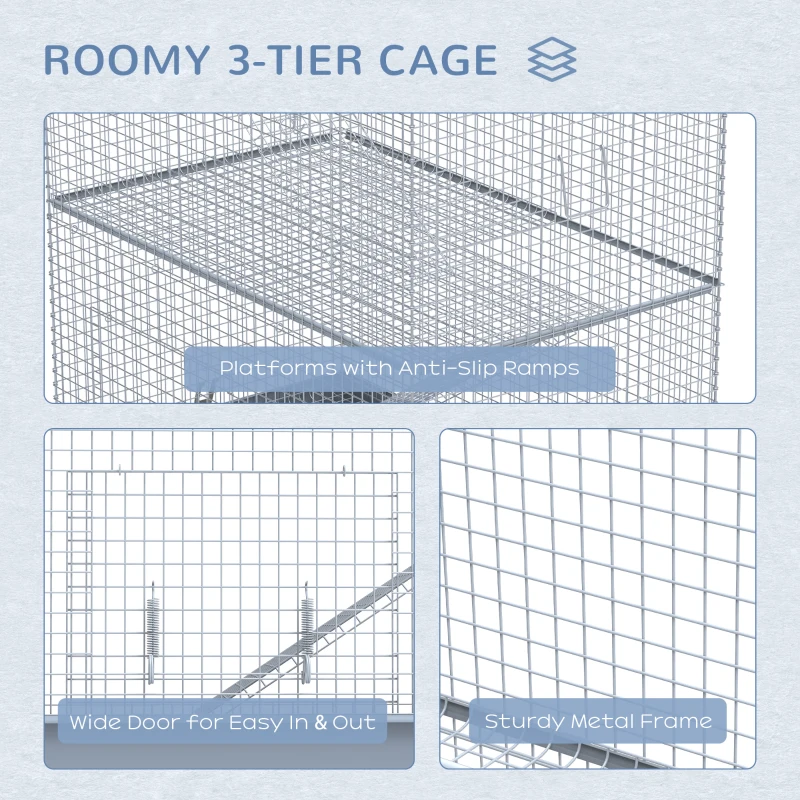 Pawhut 3-Level Metal Small Animal Cage Bunny Pet Hutch Ferret Platform Feeding Habitat Easy Clip Base Ladder Grey
