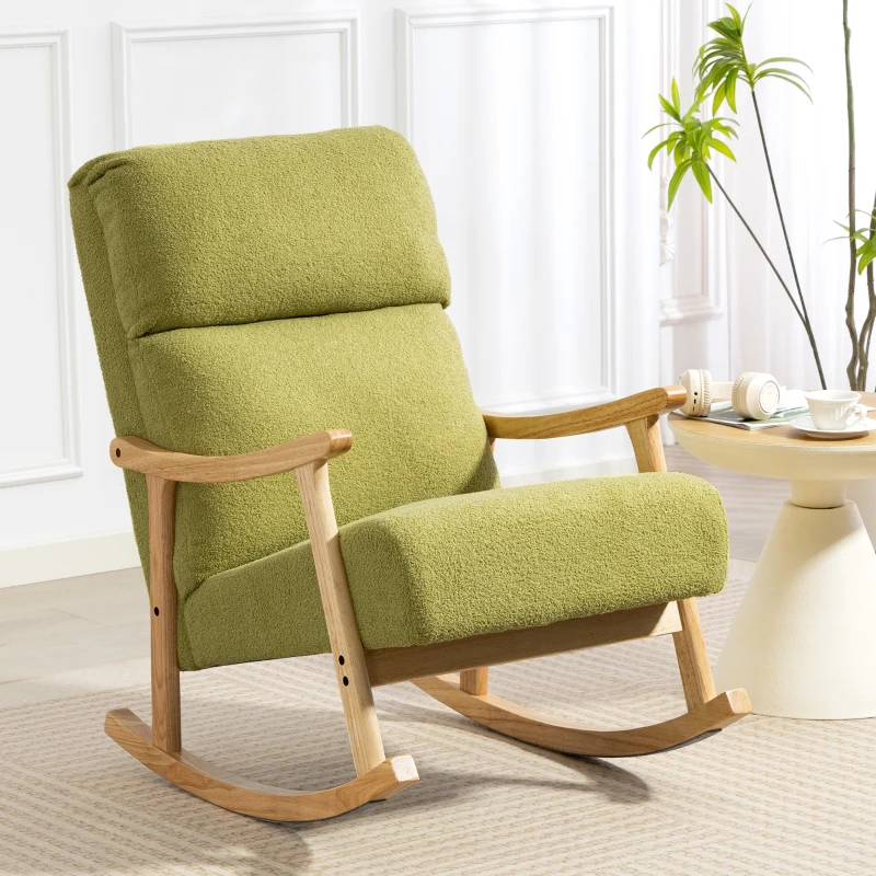 HOMCOM Poltrona Baloiço Moderna em Borrego com Apoio para os Braços de Madeira de Faia Poltrona de Amamentação 65x90x98 cm Verde claro