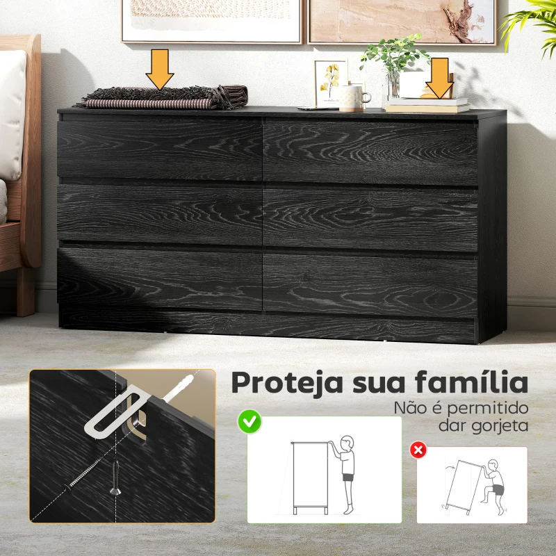 HOMCOM Cómoda com 6 Gavetas Estilo Moderno 140x40x71 cm Preto com Efeito Madeira