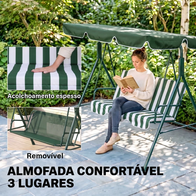 Outsunny Baloiço de Jardim de 3 Lugares com Almofada Toldo Ajustável e Estrutura de Metal 172x110x153cm Verde e Branco