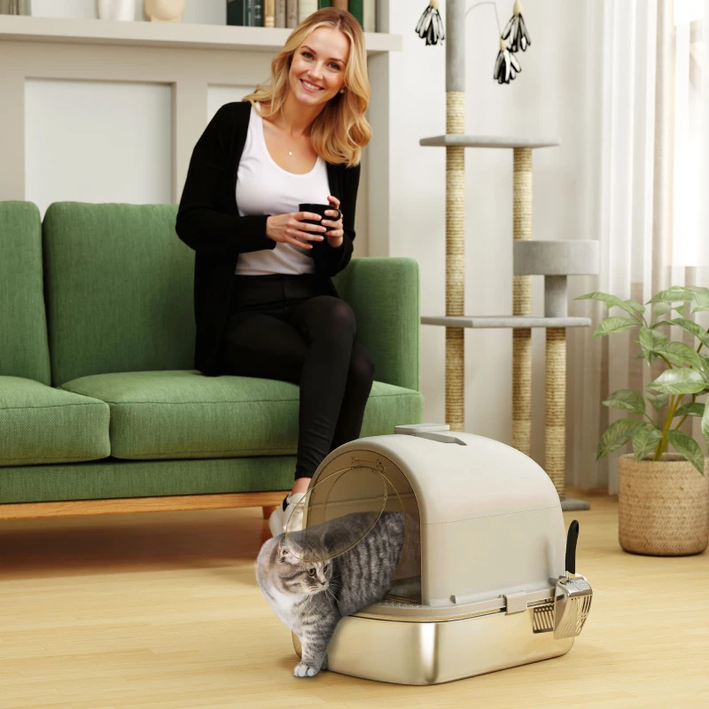 PawHut Caixa de Areia para Gatos em Aço Inoxidável com Tampa Caixa de Areia com Bolsa Desodorizante e Pá 52,4x41,3x39,9 cm Cinzento
