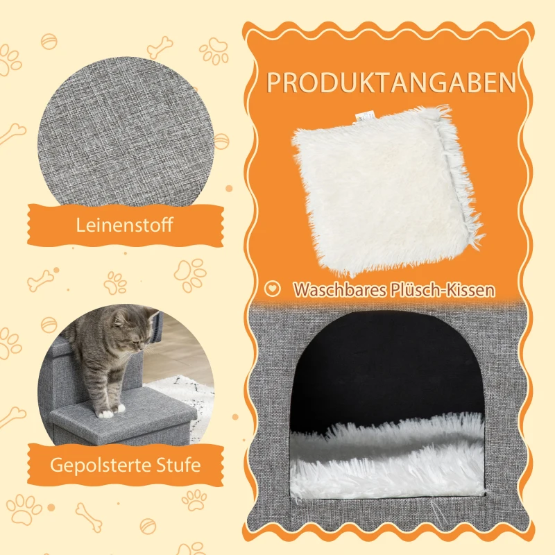 PawHut Huisdierentrap met huisdierbed, inclusief verborgen opbergruimte, 73,5 cm x 33 cm x 40,5 cm, lichtgrijs