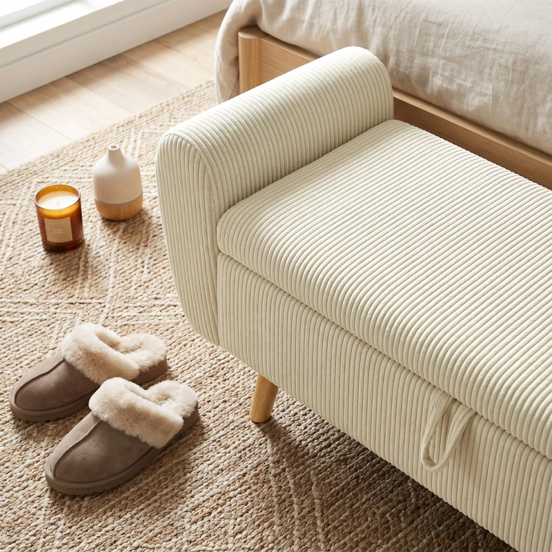 HOMCOM Opbergbank met Corduroy Bekleding, Houten Poten en Gerolde Armleuningen, Beige