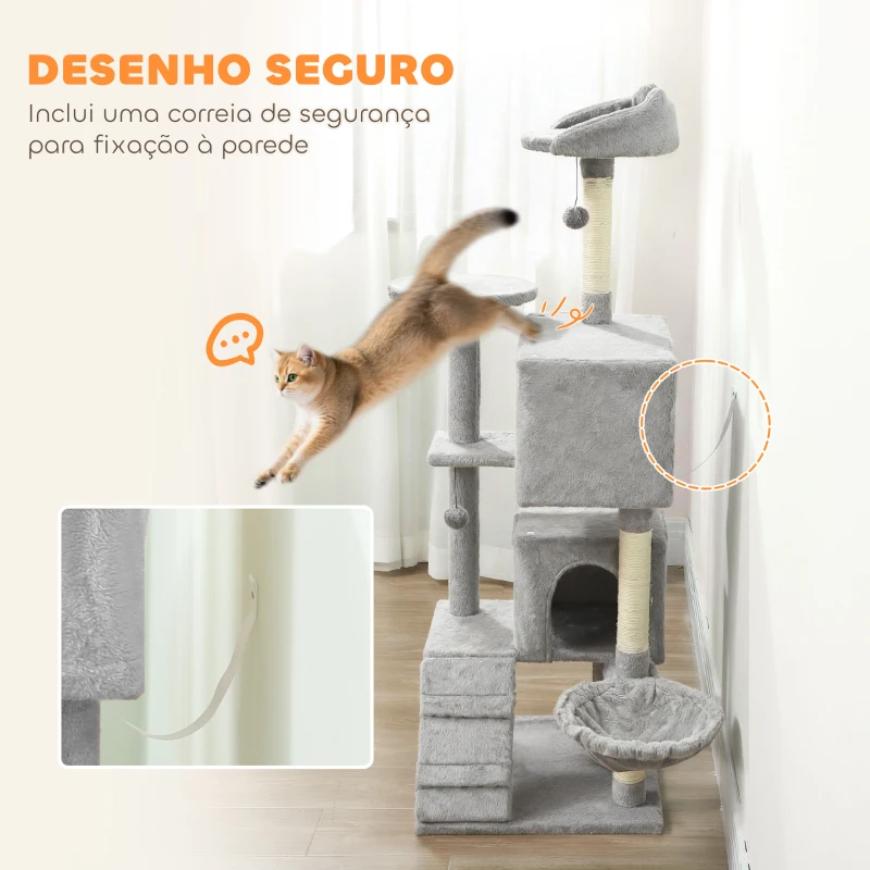 PawHut Arranhador para Gatos com Múltiplas Plataformas Cama 2 Cavernas Rede Escada Postes de Sisal 48x48x160 cm Cinzento Claro