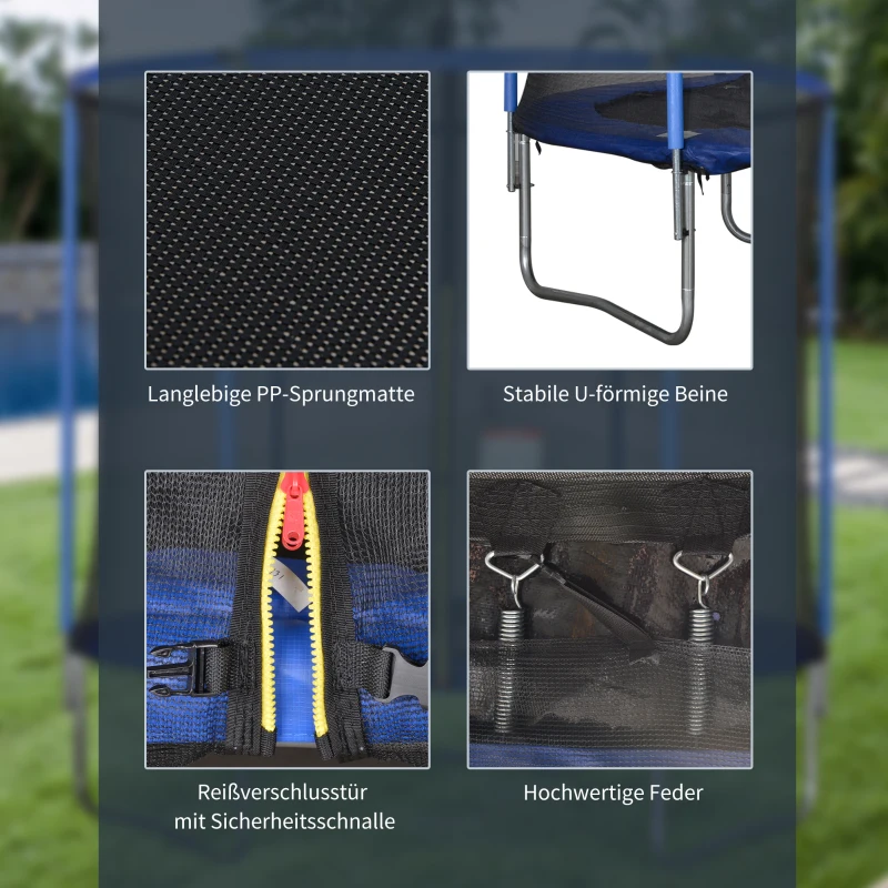 HOMCOM Trampolin mit Sicherheitsnetz Gartentrampolin für Innen- und Außenbereich Fitnesstrampolin für Jugendliche und Erwachsene Stahl Blau+Schwarz bis 113,6 kg Ø244 x 240H cm