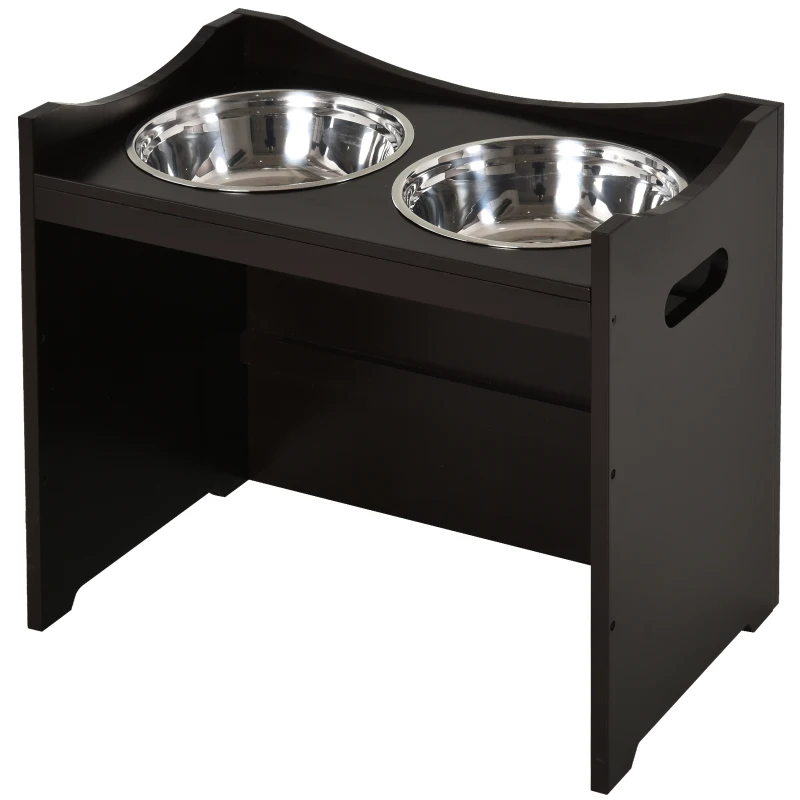 PawHut Gamelles chiens surélevées gamelle double chien chat porte-gamelles surélevé dim. 54L x 31l x 47H cm 2 gamelles 2L acier inox. incluses bois brun foncé