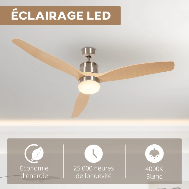 HOMCOM Ventilateur de plafond réversible avec lumière LED 6 vitesses silencieux - télécommande - diamètre 132 cm, naturel