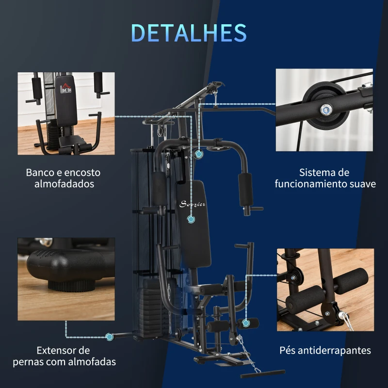HOMCOM Máquina Multi Estação de Musculação com Placas de Peso de 45kg Carga Máxima 120kg para Treinamento Fitness 150x110x210cm Preto
