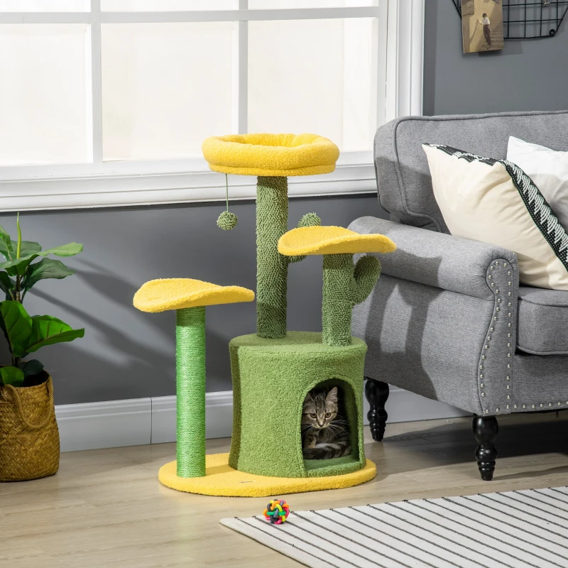 PawHut Árvore Arranhador para Gatos em Forma de Cacto com Casa de Pelúcia Plataformas Postes de Sisal 54x39x83cm Amarelo Verde