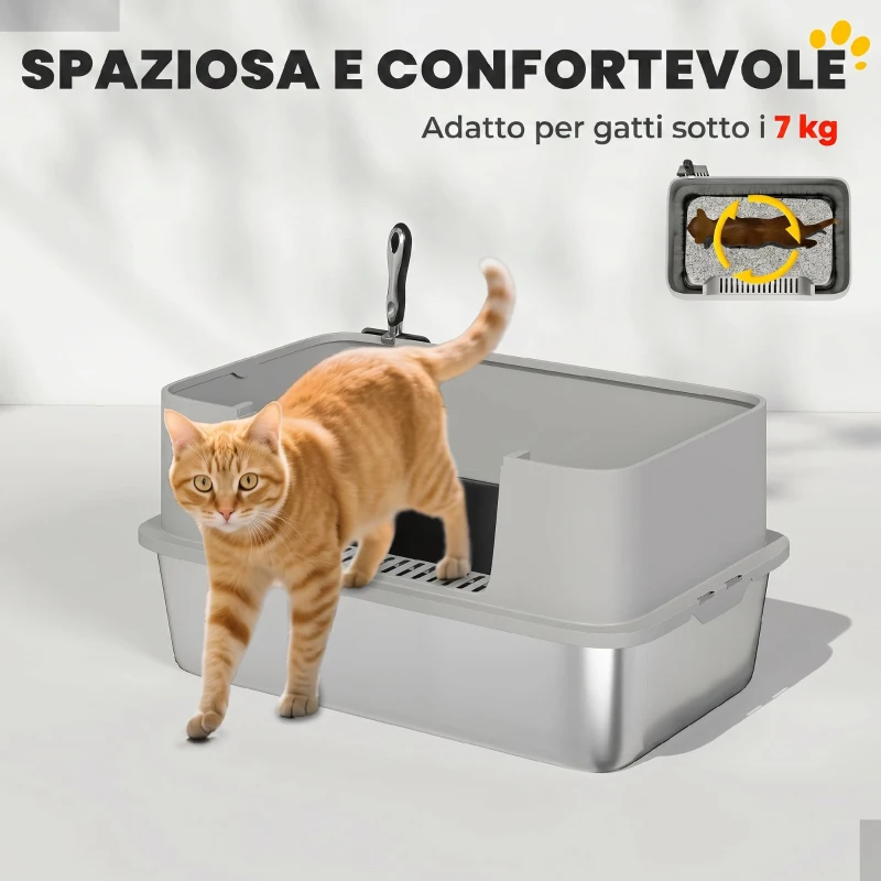 PawHut Lettiera per Gatti XL in Acciaio Inox con Paletta, Lati Alti, Antiperdita, Antiodore, Fino a 7 kg, Grigio