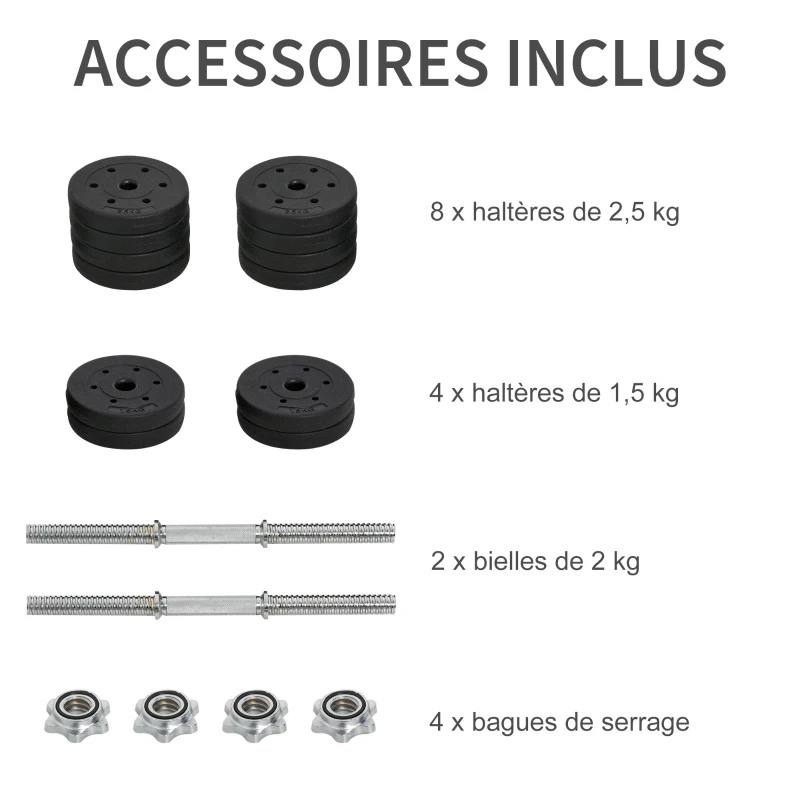 HOMCOM Ensemble d'Haltères Courtes Total 30 kg - Dumbbell Paires - Poids Réglable - Barres Incluses - Entraînement Musculaire & Haltérophilie - Acier PU, Noir