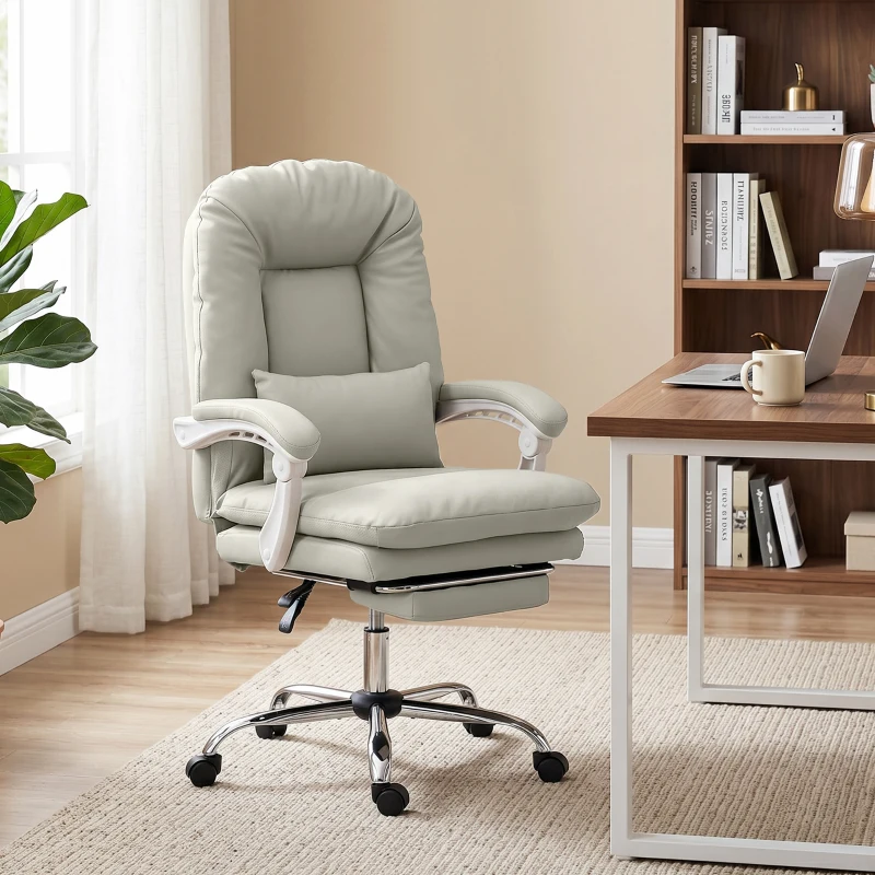 HOMCOM Ergonomic Executive Office Chair, Reclining Desk Chair with Lumbar Support, Footrest, Plush Thick Cushion, Khaki