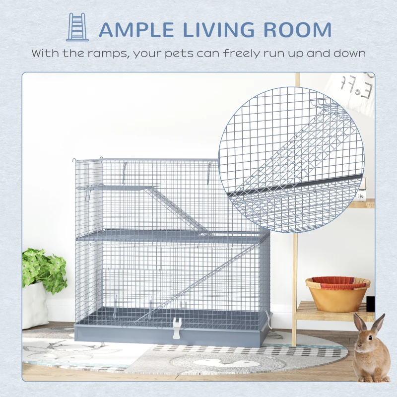 Pawhut 3-Level Metal Small Animal Cage Bunny Pet Hutch Ferret Platform Feeding Habitat Easy Clip Base Ladder Grey