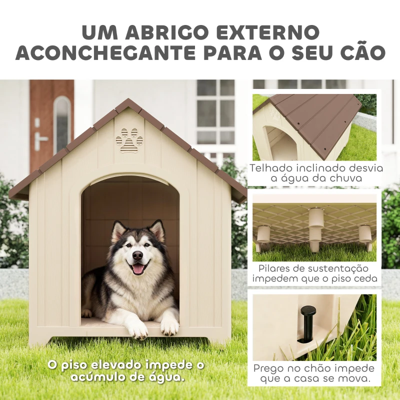 PawHut Casota para Cães Exterior Extragrande em Plástico com 2 Janelas, Base Elevada e Estacas Bege