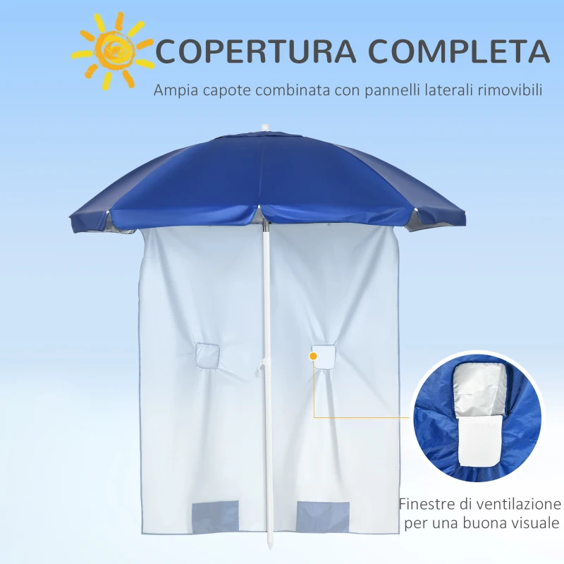 Outsunny Ombrellone da Spiaggia Inclinabile con Tendine Laterali, in Poliestere e Acciaio, Ø191x211 cm, Blu e Bianco