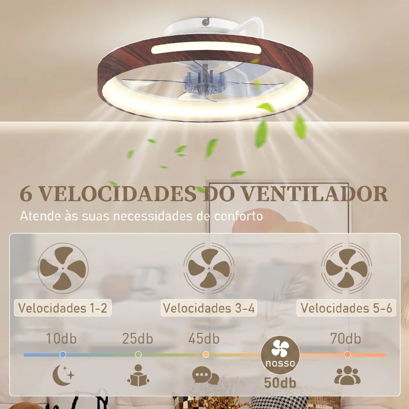 HOMCOM Ventilador de Teto com Luz LED 40 W Motor DC Reversível Comando à Distância 6 Velocidades 3 Cores Temporizador Teca