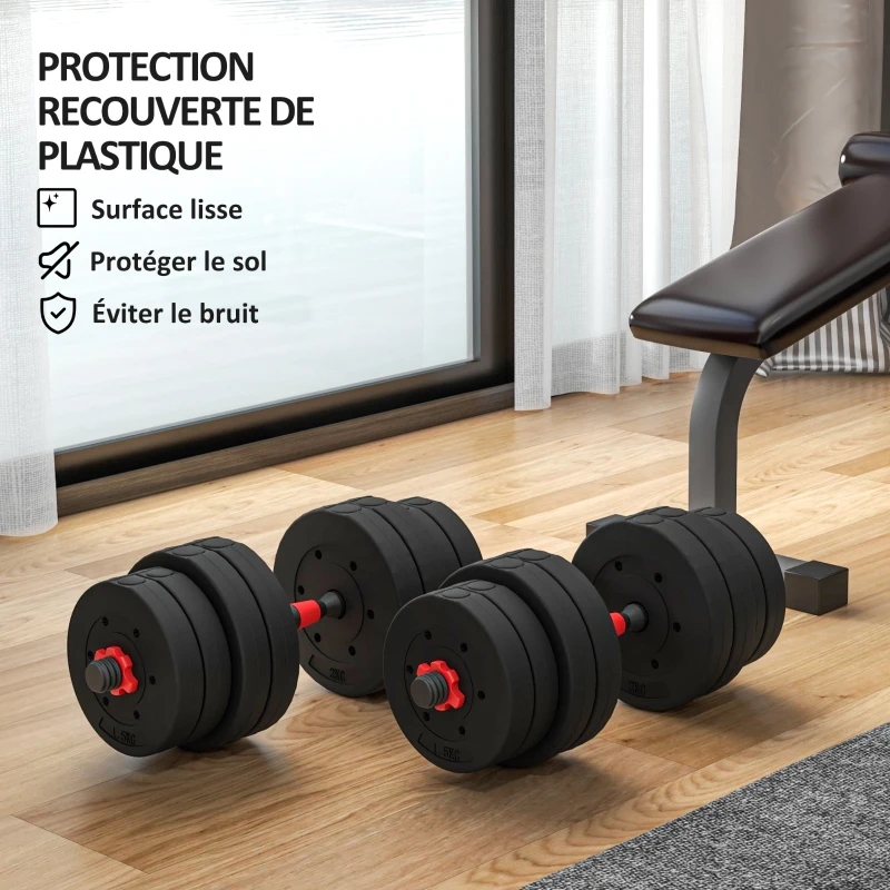 HOMCOM Ensemble d'haltères Courtes Total 30 Kg 2 en 1 poids réglable Barres incluses - entraînement Musculaire & haltérophilie