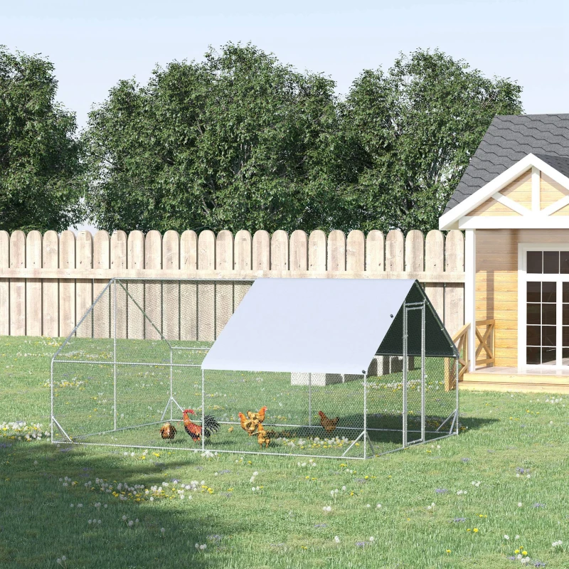 PawHut Galinheiro de Exterior Grande 3x4x2m Gaiola para 8-12 Galinhas de Aço Galvanizado com Teto de PE e Fechadura para Coelhos Prata