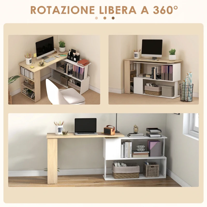 HOMCOM Scrivania Angolare con Piano Girevole a 360° e 5 Ripiani, 120x110x74.5 cm, Color Legno, Bianco