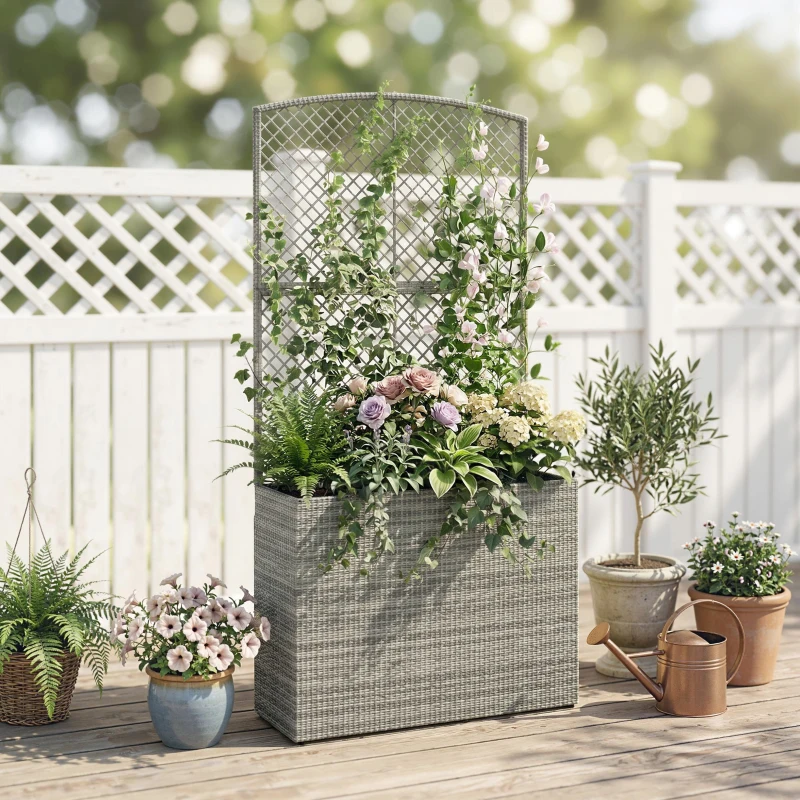 Outsunny Rattan Planter with Trellis, Raised Beds for Garden with Liner for Climbing Plants Vegetables Flowers, Dark Grey