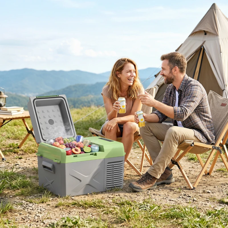 Outsunny 12 liter compressor koelbox elektrische koelbox met aansluiting koelhoudfunctie Grijs+Groen