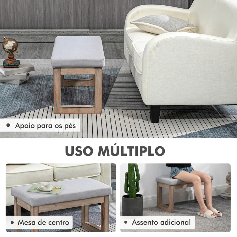 HOMCOM Pousa-pés para Sala de Estar, Banco Baixo Estofado em Linho Sintético com Estrutura de Madeira, Cinzento