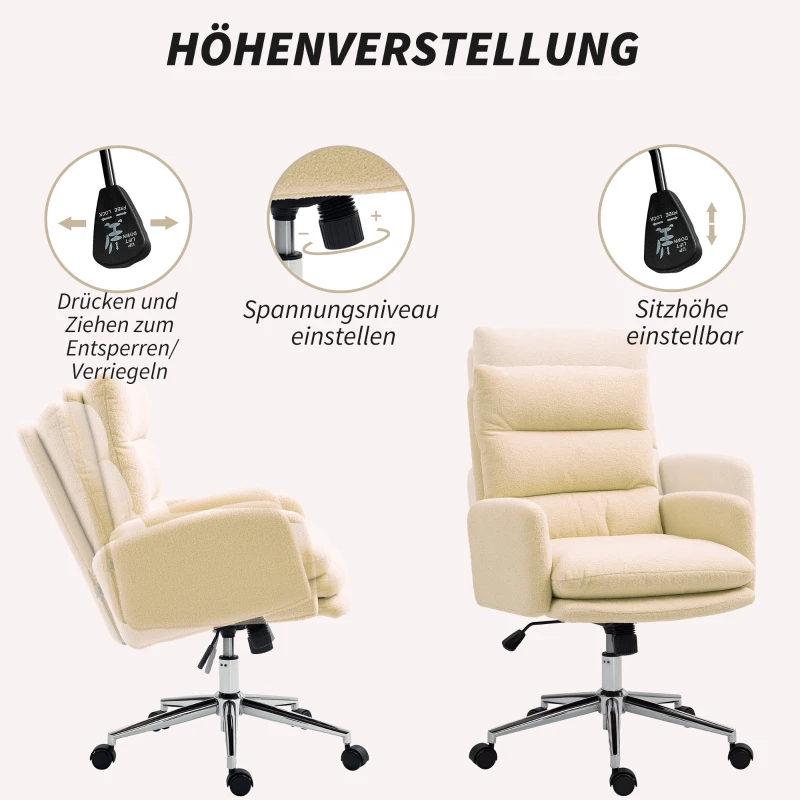 HOMCOM Bureaustoel, Schrijftafel-Polsterstoel, Kantelfunctie, Draaibaar, Rolbaar, Roomwit(m-5)