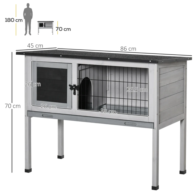 PawHut Conigliera Rialzata in Legno da Esterni con Tettuccio Apribile e Vassoio per Roditori 86x45x70cm