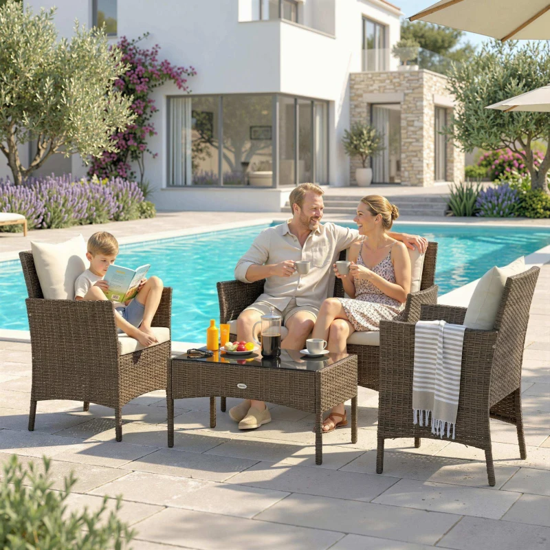Outsunny Conjunto de Jardim em Vime com 4 Peças Inclui Sofá de 2 Lugares 2 Cadeiras Mesa de Vidro e Almofadas Laváveis Castanho