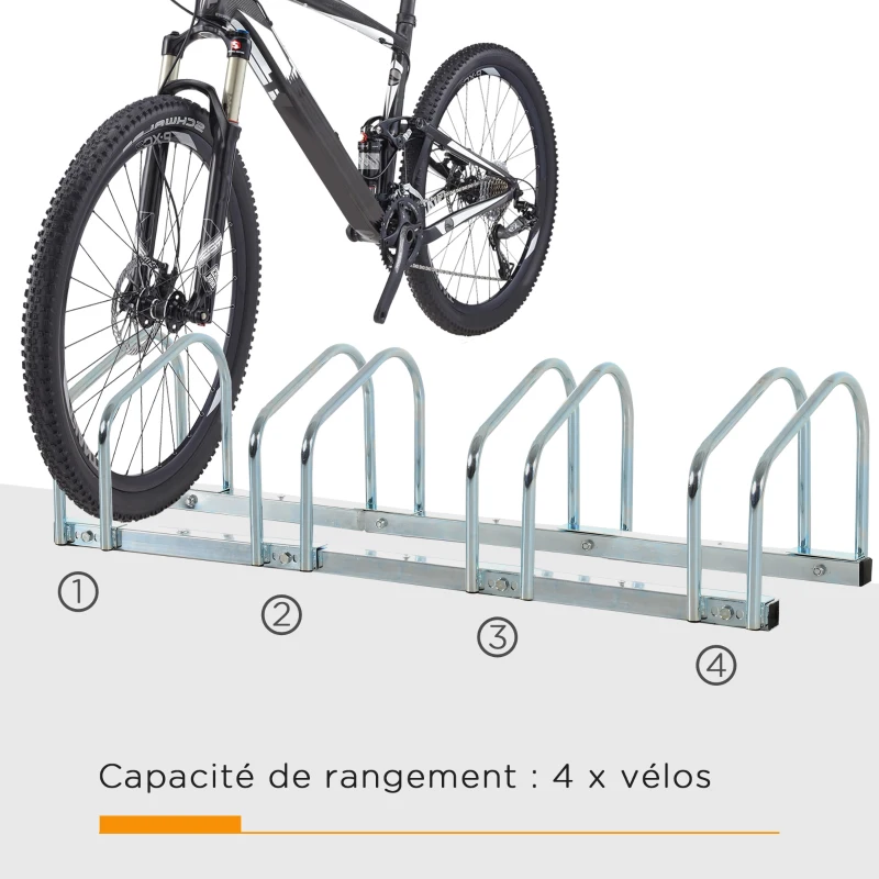 HOMCOM Râtelier 4 vélos dim. 110L x 33l x 27H cm acier galvanisé argent