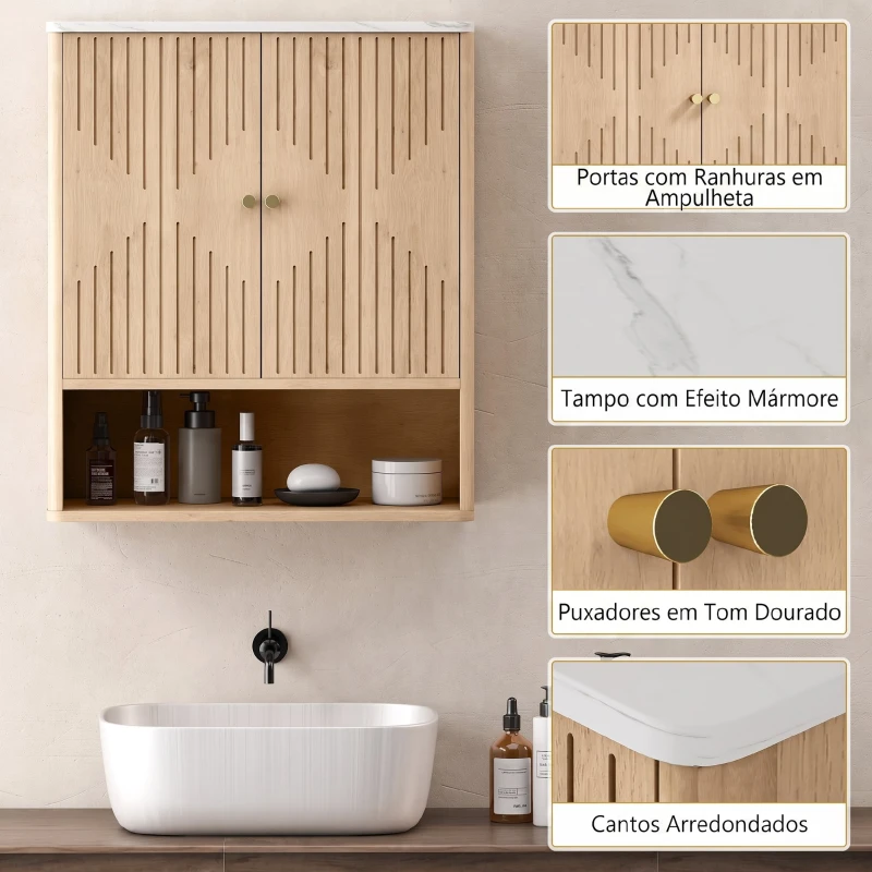HOMCOM Armário de Parede para Casa de Banho com Portas em Ampulheta, Prateleira Ajustável e Aberta, 60x18x70 cm, Carvalho