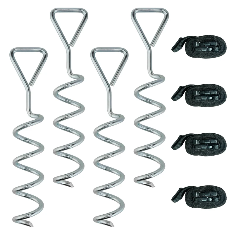 SPORTNOW Bodenanker Schraube 4er Set 32 cm spiralförmige Trampolin Pfähle Anker mit Dreiecksgriff, verstellbare Gurte Silber