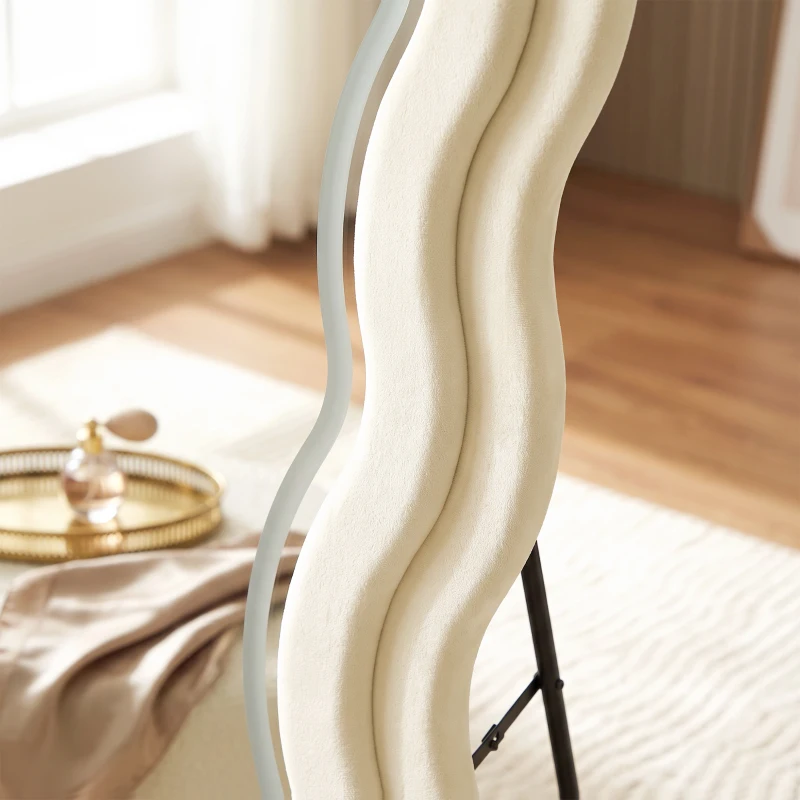 HOMCOM Full Length Mirror, 160 x 60 cm Wavy Full Body Wall Standing Mirror with Velvet Frame and LED Light Strip, Cream White