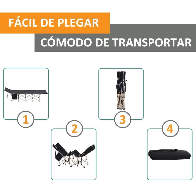 Outsunny Cama de Acampada con 1 Bolsillo Lateral Bolsa de Transporte y Marco de Acero Carga 150 kg 190x68x52 cm Negro