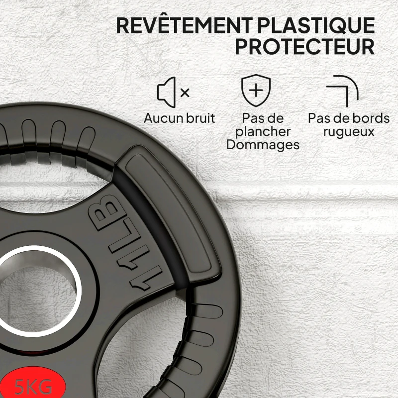 SPORTNOW Disques de Poids en Acier 10 kg, Finition PVC, Plaques de Poids 2 x 5 kg, 3 Poignées, Trous de Ø 50 mm, Noir