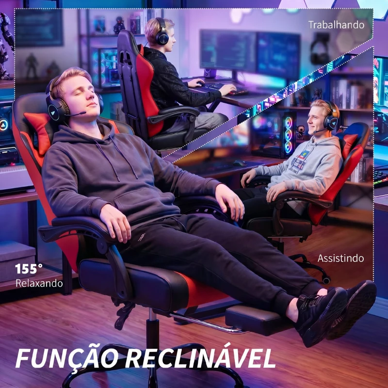 HOMCOM Cadeira Gamer com Massagem Lombar Vibratória Reclinável 155° Altura Ajustável Apoio de Cabeça e Apoio para os Pés Retrátil Vermelho