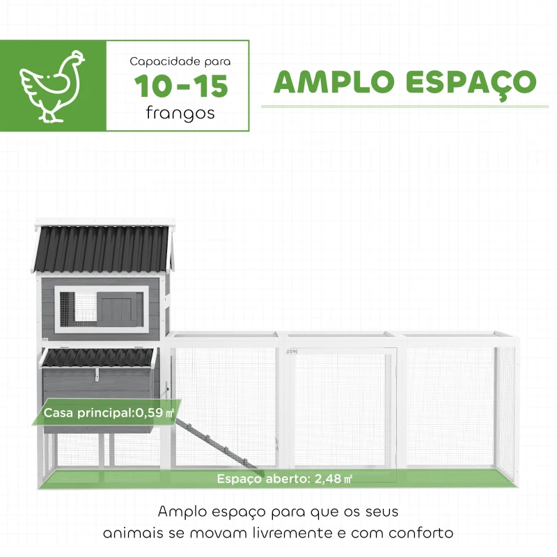 PawHut Galinheiro para Exterior Galinheiro de Madeira para 10-15 Galinhas com Baloiço Perchas Bandeja Removível e Rampa 315,5x150,5x140,5 cm Cinza