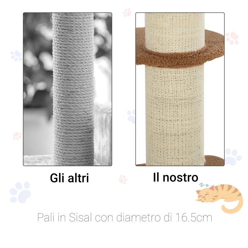 PawHut Tiragraffi ad Albero per Gatti con Cuccia, Cuscino, Rivestimento Peluche e Pali in Corda Sisal