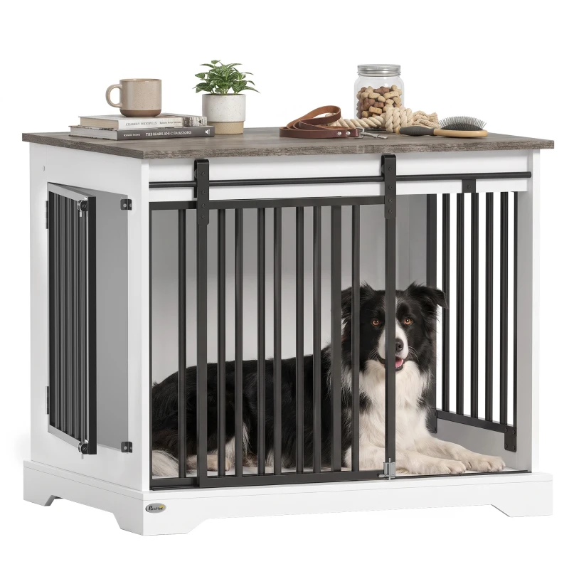 PawHut 80 cm Dog Crate Furniture with Sliding Barn Door for Medium Dogs, White