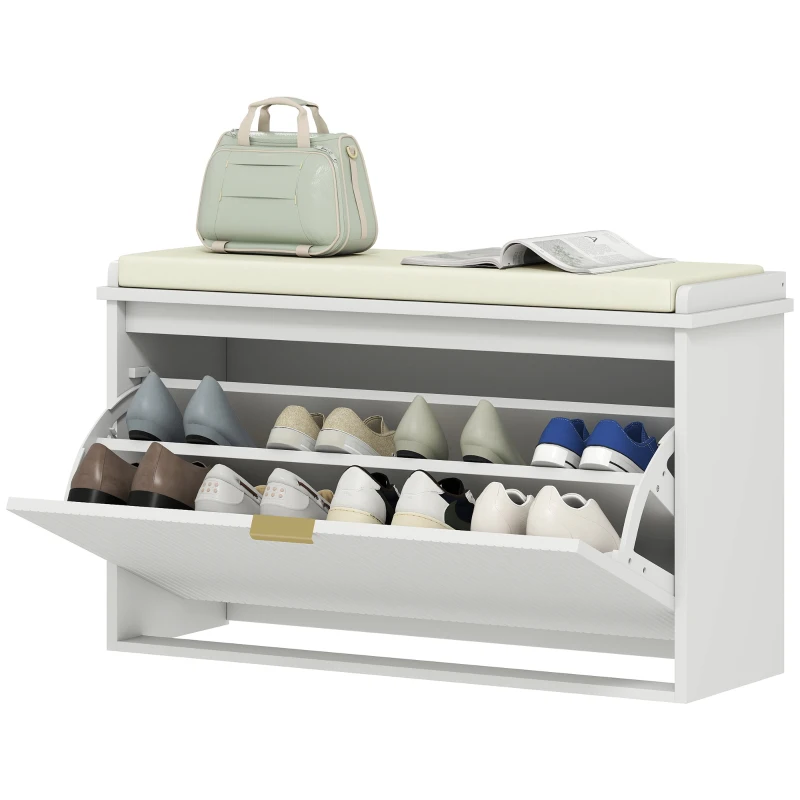 HOMCOM Banco Sapateira Móvel Sapateira Estreito com Assento Estofado Caixa Rebatível e Painel de Ripas 80x26x47,5 cm Branco