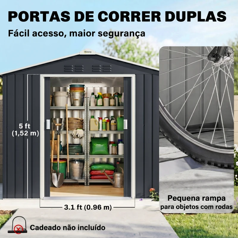 Outsunny Abrigo de Jardim 2,42 m 213x130x185 cm Abrigo de Jardim Metálico para Armazenamento com 2 Portas Deslizantes e 4 Janelas Cinza Escuro